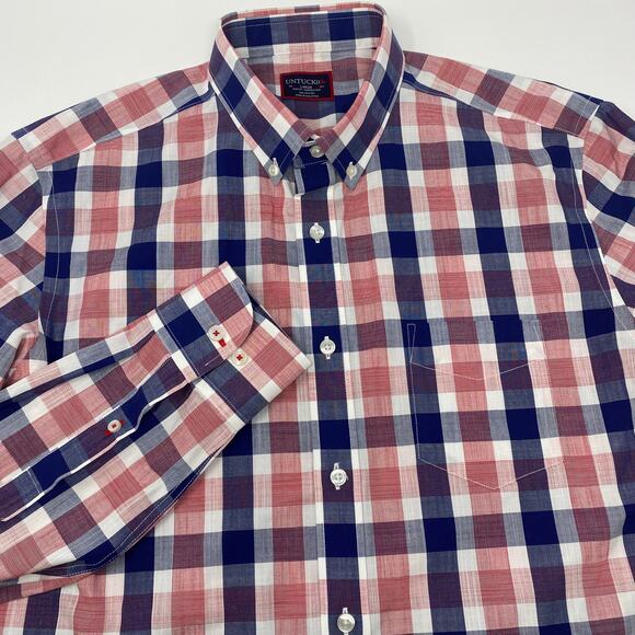Untuckit Large Blue Red White Plaid Long Sleeve Button Up Cotton Redaelli Shirt - Picture 1 of 5
